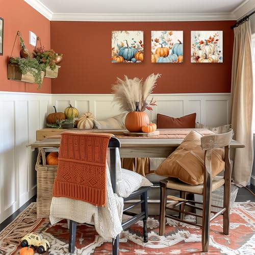 Pumpkin Wall Art Canvas Prints - Autumn Pumpkin Pictures Set 12x12 Inch Orange - Rustic Farmhouse Decor - 3 Pieces