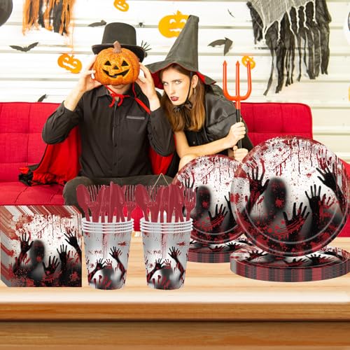 Bloody Halloween Party Dinnerware Set for 24 Guests - Zombie Horror Plates & Napkins