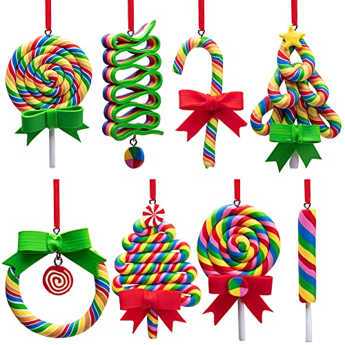 A-8pcs Christmas Lollipop Ornaments - Rainbow Candy Polymer Clay Decorations for Xmas Tree & Party