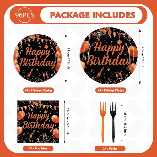Orange Black Happy Birthday Party Plates & Napkins Set - Serves 24 - Variation: OrangeBlack Plates FF