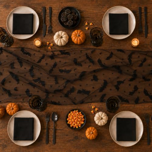 Halloween Table Runner 4Pcs Black Mesh Bat Web Decor 29x72 Inches - Dark Black / Bat Variation
