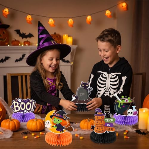 Halloween Honeycomb Centerpieces Set - 12pcs Halloween Party Decor - Ghost, Pumpkin, Witch, Vampire & Black Cat - Reusable & Waterproof - Halloween