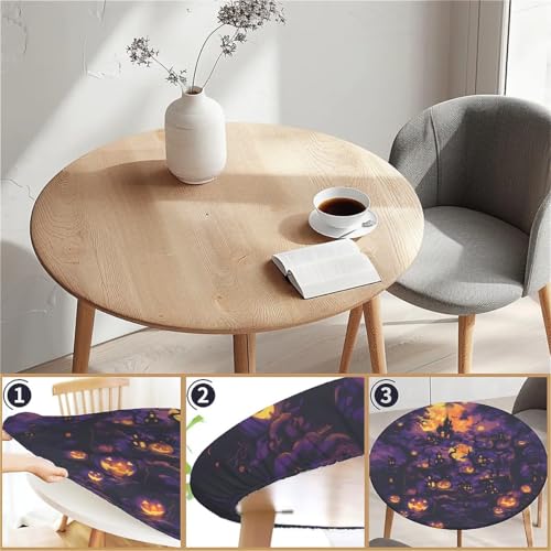 Halloween Spooky Round Fitted Waterproof Tablecloth 48 Inch for Indoor Outdoor
