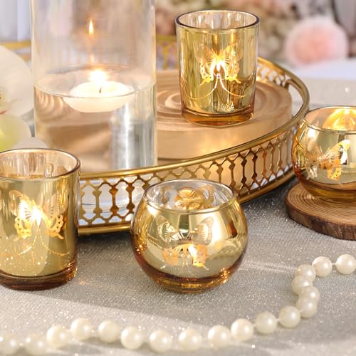 Gold Combination Tea Light Candle Holders with Butterfly Pattern Set of 12 - Wedding & Party Decor