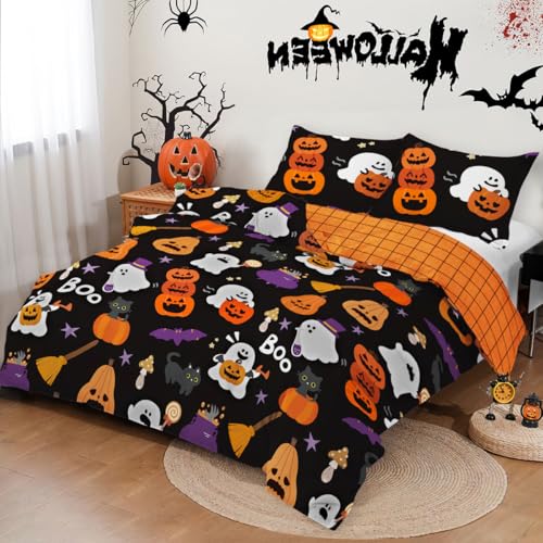 Queen Halloween Duvet Cover Set - Reversible Black Ghost Bedding 90x90