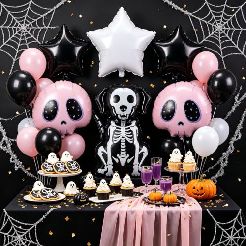 Halloween Skeleton Dog Foil Balloons Set - Pink Skull & Star Decorations
