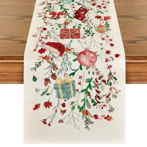 13x120 Inch Floral Christmas Table Runner - Beige Winter Kitchen Decor