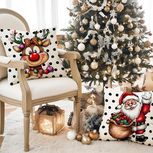 Christmas 18x18 Inch Pillow Covers Set of 2 Santa Elk Double-Sided Holiday Decor