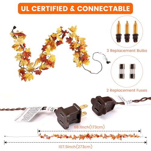 6FT 3-Pack Fall Leaf Garland with Lights - Orange Bulbs for Thanksgiving & Halloween Decor