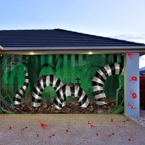 Halloween Garage Door Cover - Striped Snake Pattern 7x16 ft - Black White - Halloween Decor