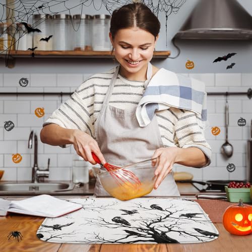 Sanwarm Absorbent Dish Drying Mat for Kitchen - Halloween Black Crow 16x18 Inches