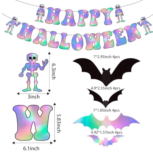 Halloween Party Banner and 3D Bat Decorations - Iridescent & Holographic Set