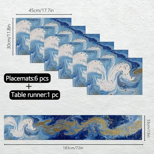 Set of 6 Blue Marble Table Runner & Placemats - Gold Accents, Elegant Home Dining Decor - 1 Runner 72x13 Inches + 6 Placemats 17.7x11.8 Inches (Variation 135)
