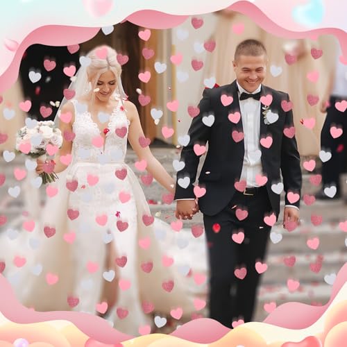 Pink White Heart Valentine Confetti - 200 Pieces Glitter Heart Shaped Decor