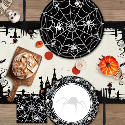 Halloween Spider Web Disposable Party Set - Serves 24 with Plates, Napkins & Forks - Variation: Spiderweb