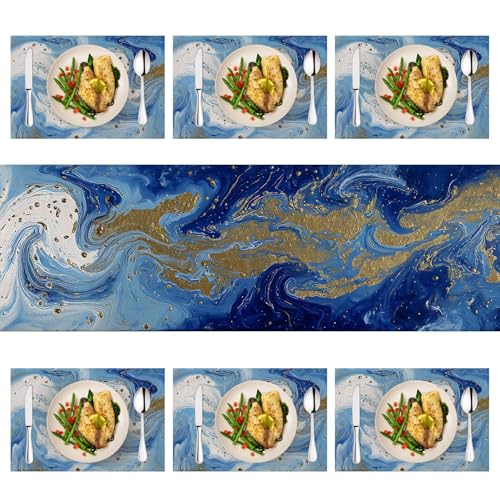 Set of 6 Blue Marble Table Runner & Placemats - Gold Accents, Elegant Home Dining Decor - 1 Runner 72x13 Inches + 6 Placemats 17.7x11.8 Inches (Variation 135)