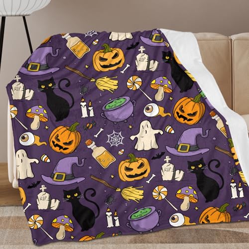 Halloween Throw Blanket 50x60 Orange Pumpkins Black Cat Spooky Decor Gift