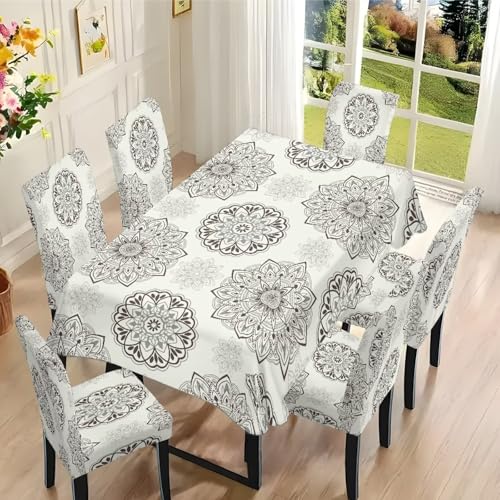 7-Piece Mandala Table Cloth and Chair Cover Set - Rectangular Dining Decor