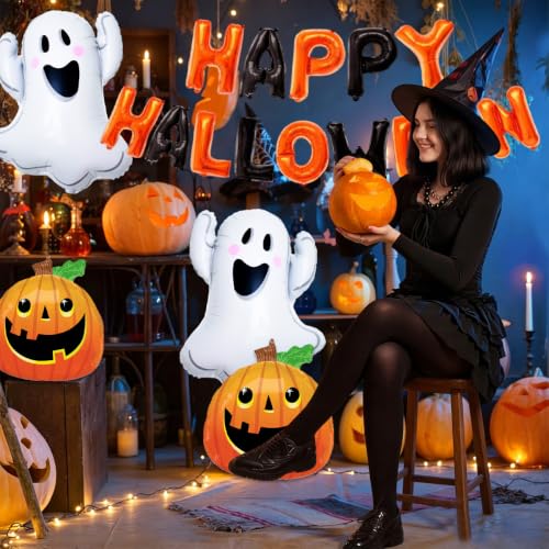 Halloween Balloons & Banner Set - Ghost, Pumpkin Foil Balloons for Party Decorations