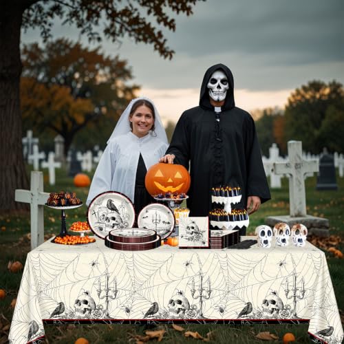 Gothic Halloween Party Plates & Napkins Set - Crow Skull Spooky Decor