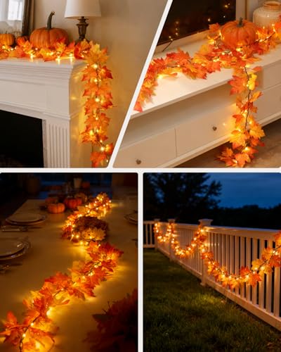 9.8FT Fall Garland with 60 LED Lights - Battery Operated Maple Leaves, 8 Modes Indoor Outdoor Decor