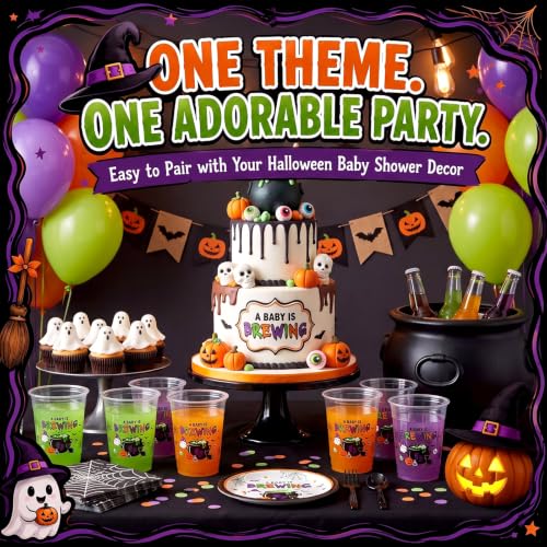 Halloween Baby Shower Cups - 50 Clear 12oz Plastic Cups with Spooky Cauldron & Ghost Design, Brewing Variation