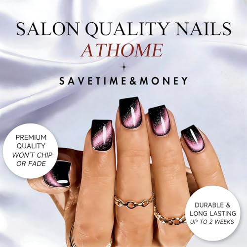 Cat Eye Short Press-On Nails with Glitter Finish - Black Pink Square Variation