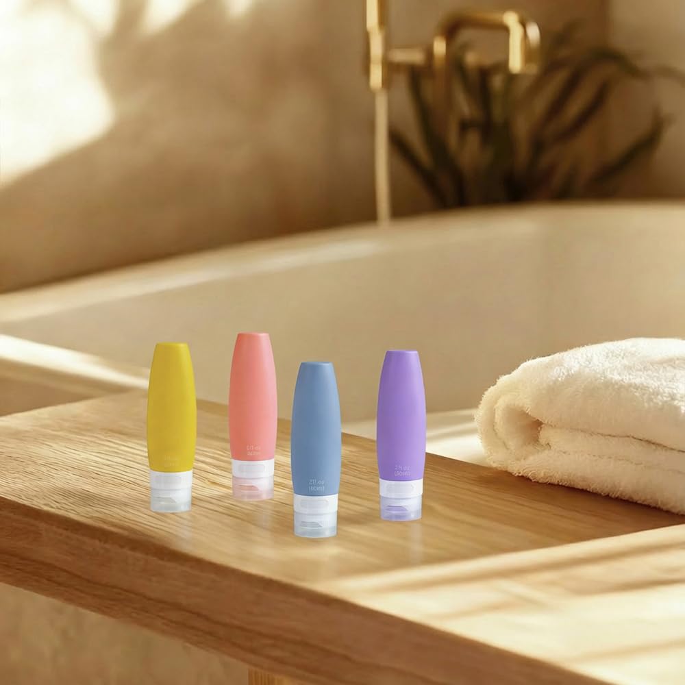 WINDAWNKE 4 PCS Silicone Travel Bottles, 3oz Refillable Toiletries Containers Set, Small Empty Travel Size Bottles for Shampoo, Lotion, Shower Gel (Bright)