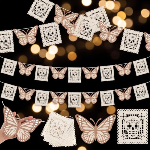 White Papel Picado Banner for Day of the Dead Decorations - 6 Pack, 7 ft
