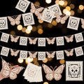 White Papel Picado Banner for Day of the Dead Decorations - 6 Pack, 7 ft