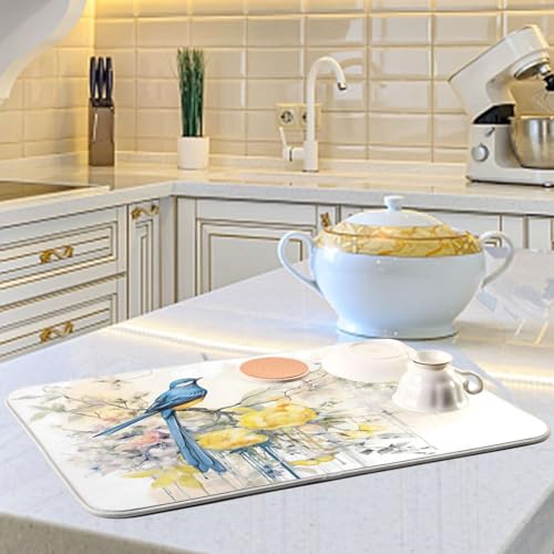 ALAZA Blue Bird with Yellow Flowers Dish Drying Mat - 16 x 18 Inch Kitchen Counter Protector
