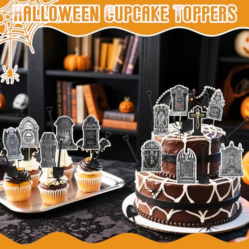 72Pcs Halloween Tombstone Cupcake Toppers & Spooky Decorations