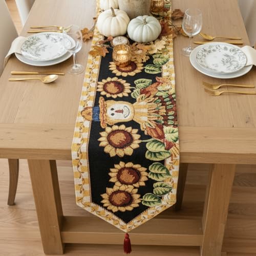 Fall Sunflower Scarecrow Tapestry Table Runner 13x90 Inches - Harvest Decor