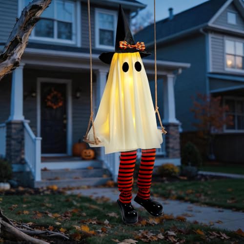 6 FT Outdoor Hanging Swinging Ghost Decor with LED Lights Halloween Yard Display