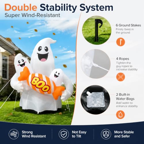 6 Ft Halloween Inflatable Ghost with Candy, Bright LEDs & Stakes - White Candy Ghosts Variation