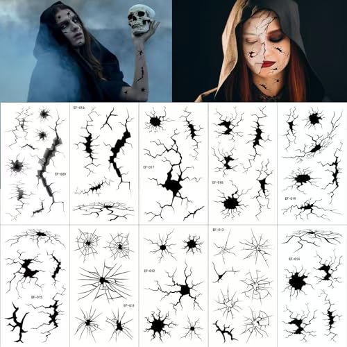 Halloween Face Tattoo Stickers Black Horror Crack Marks Waterproof Body Art 10 Sheets