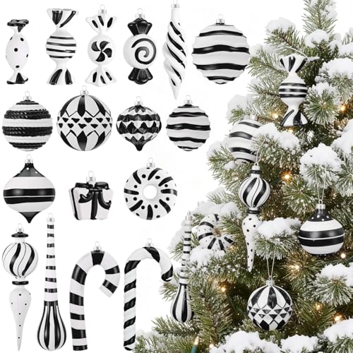 Black and White Christmas Ornaments Set of 48 Holiday Decor with Hand Painted Designs