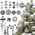 Black and White Christmas Ornaments Set of 48 Holiday Decor with Hand Painted Designs
