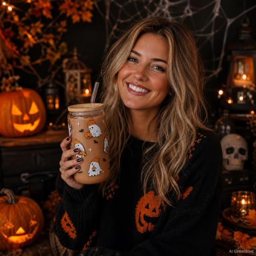 Halloween Ghost Gift Cute Pumpkin Glass Cup with Lid & Straw - Hat Ghost Variation