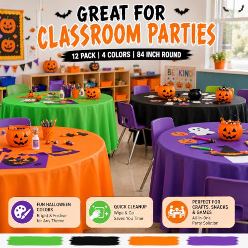 12 Pcs Halloween Plastic Round Tablecloths - Black, Purple, Orange & Green, 84 Inch Disposable Cover Set