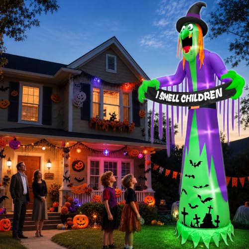 12FT Giant Halloween Inflatable Witch with LED Lights & Banner for Outdoor Decor