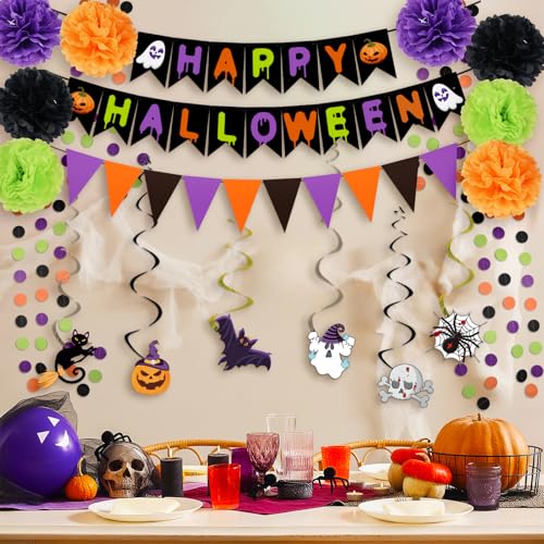 Halloween Party Decorations Set - Banner, Paper Pom Poms, Triangle Flags & Swirls - Halloween