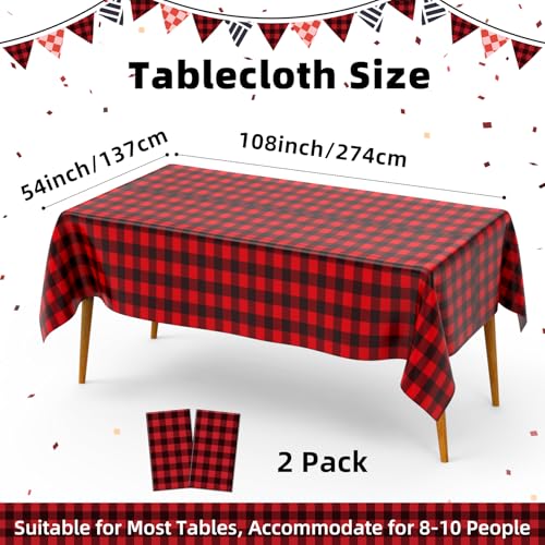 Red Black Checkered Disposable Plastic Tablecloth 2 Pack - 54 x 108 Inches, Buffalo Plaid Rectangular Cover for Party & Picnic - Variation: Red Black Plaid