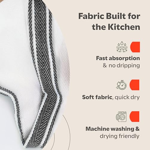 Zeppoli 15 Pack Kitchen Towels - Black Stripe 14x25 Natural Cotton Reusable Dish Cloths
