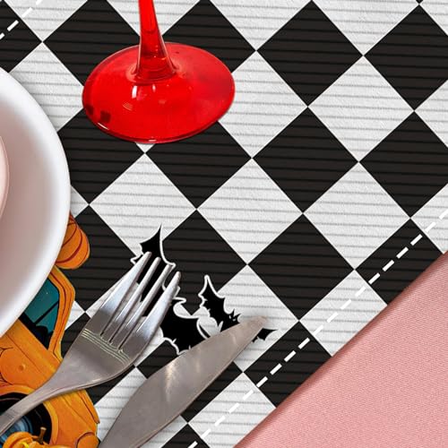 Halloween Table Runner 13x72 Inch Linen Fall Decor with Bat Pumpkin Ghost Trucks - Spooky Seasonal Tablecloth