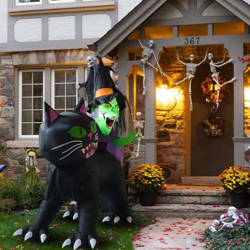 8ft Halloween Inflatable Witch Riding Black Cat Yard Decor with LED Lights