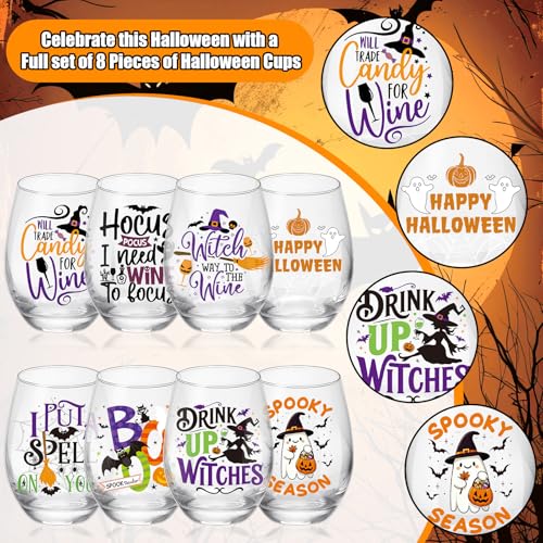 Spooky Halloween Ghost Stemless Wine Glass Set - 8 Pcs, 15 oz, Funny Drinkware