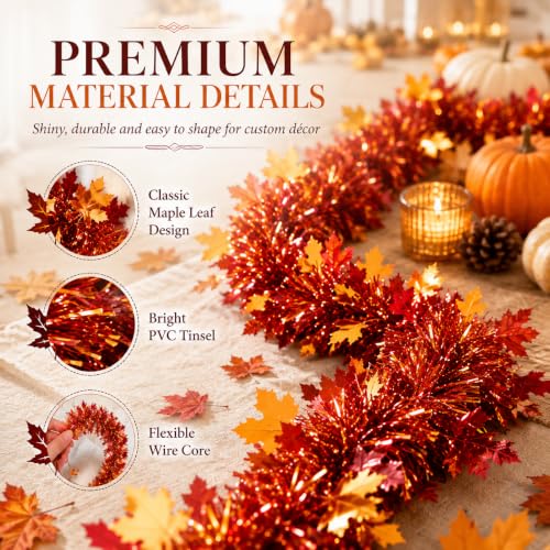 Rainflow 5 Pack Fall Maple Leaves Garland - Orange Red Thanksgiving Tinsel