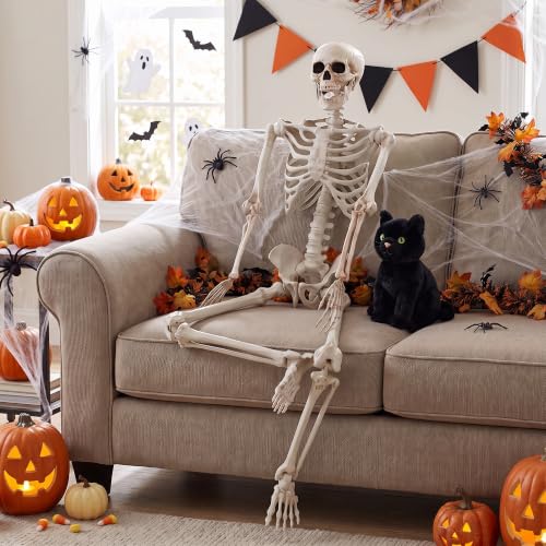 Full Body Skeleton Halloween Decoration - Life Size Posable Skeleton with Light-Up Eyes & Body, 5.2 ft