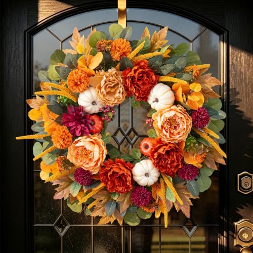 Fall Peony Wreath - 24 Inch Autumn Front Door Wreath with Orange Peony & Burgundy Dahlias